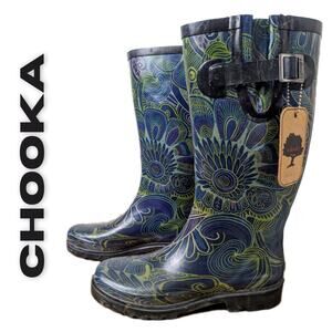 Chooka Rain Boot 7 Green Blue Invasion Peacock Pattern Waterproof Natural Rubber